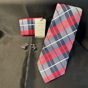 Red and Navy Plaid Men's Tie with Cufflinks